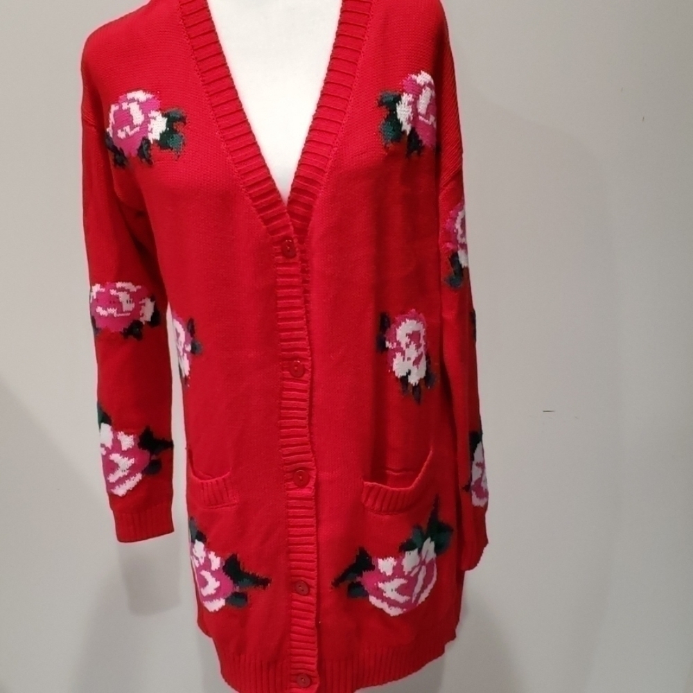 𝅺RD Style Red Rose Floral Intarsia Long Cardigan Sweater S NWOT